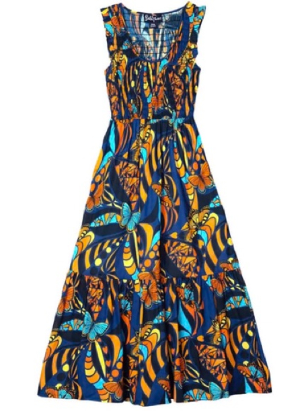Lesley Evers Nadia Monarch Butterfly Smocked Tiered Midi Dress Pockets